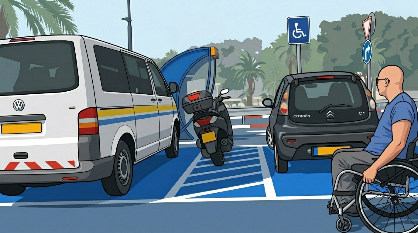 נכה מגיע לרכבו ומגלה אופנוע חוסם את דרכו לרכב